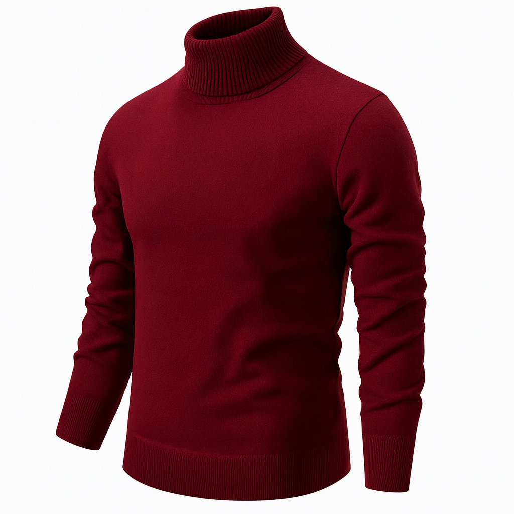 Men's plain turtleneck sweater with long sleeves and ribbed trims