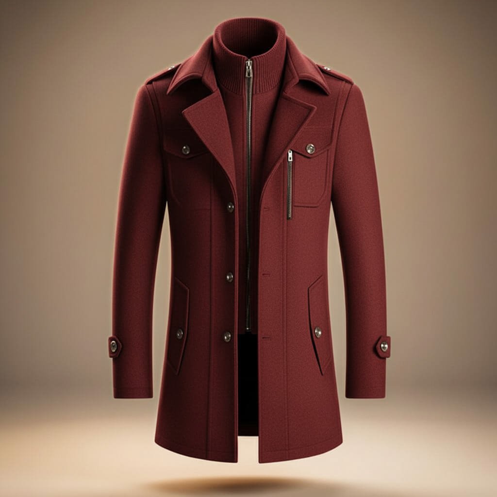 Men's long structured coat with high collar, lapels, buttons and multiple pockets