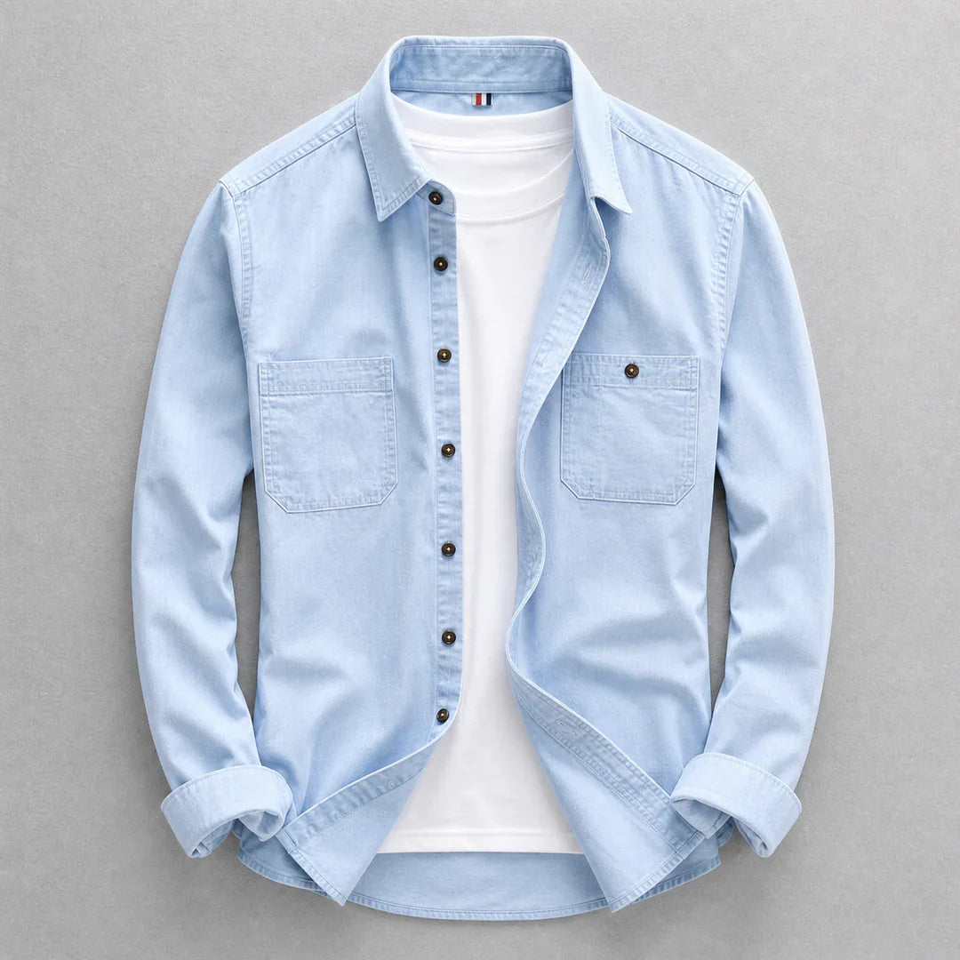 Men's long-sleeved denim shirt with pointed collar and two chest pockets