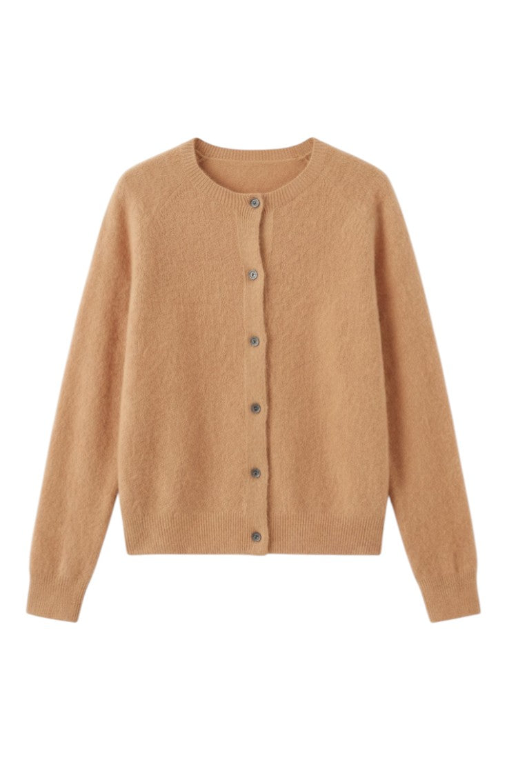 Women's plain button front cardigan with round neckline and long sleeves