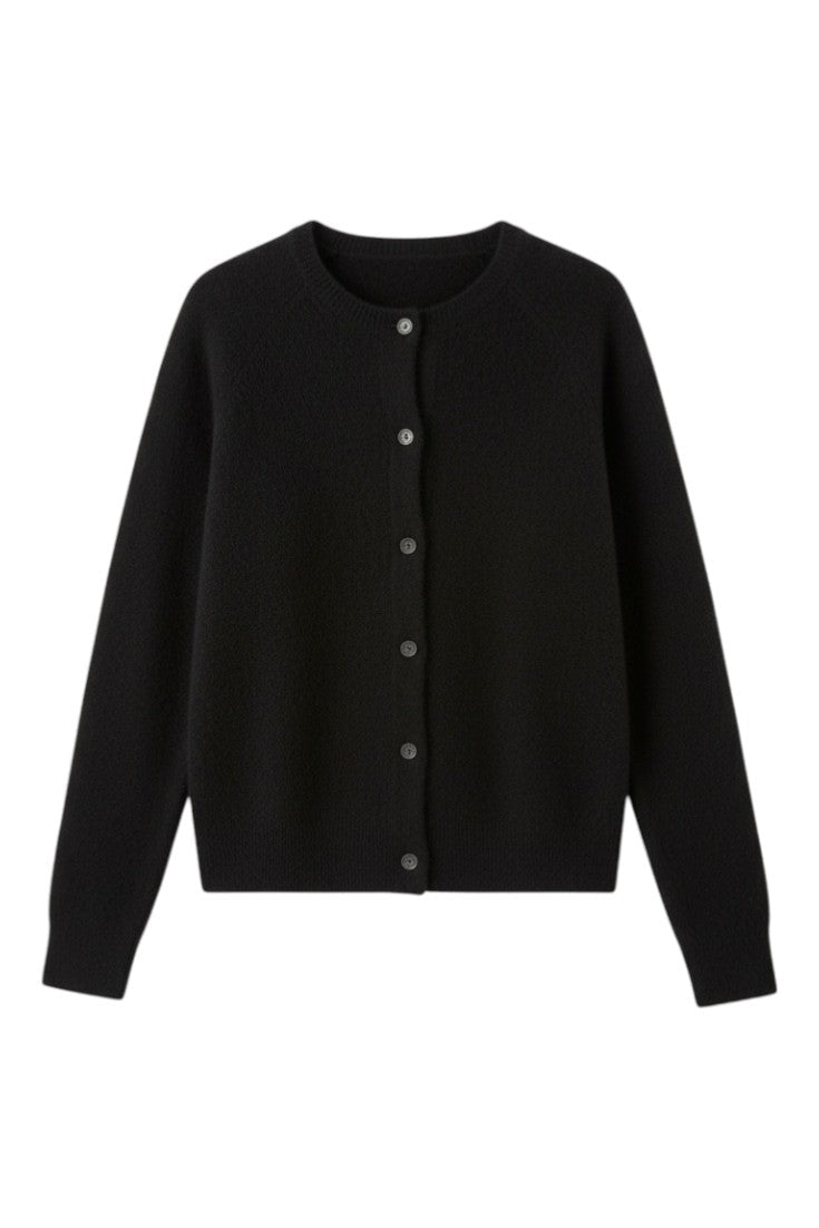 Women's plain button front cardigan with round neckline and long sleeves