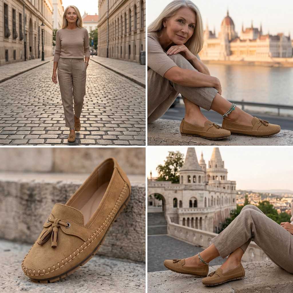 Women's flat loafers with round toes, stitched edging and bow details