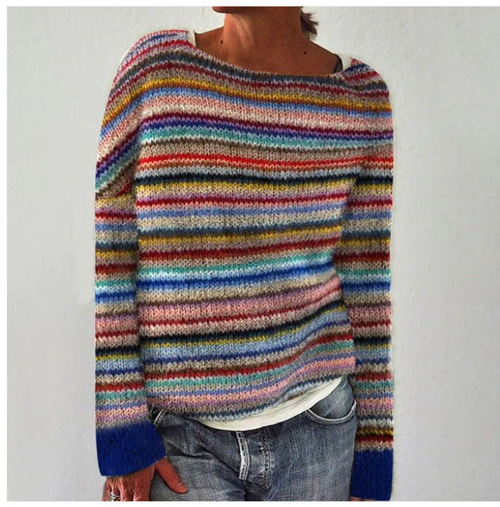 Women's multi-coloured striped crew neck jumper with long sleeves