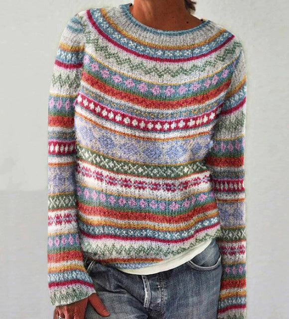 Women's multi-coloured striped crew neck jumper with long sleeves