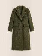 Women's long double-breasted coat with notched lapels and flap pockets