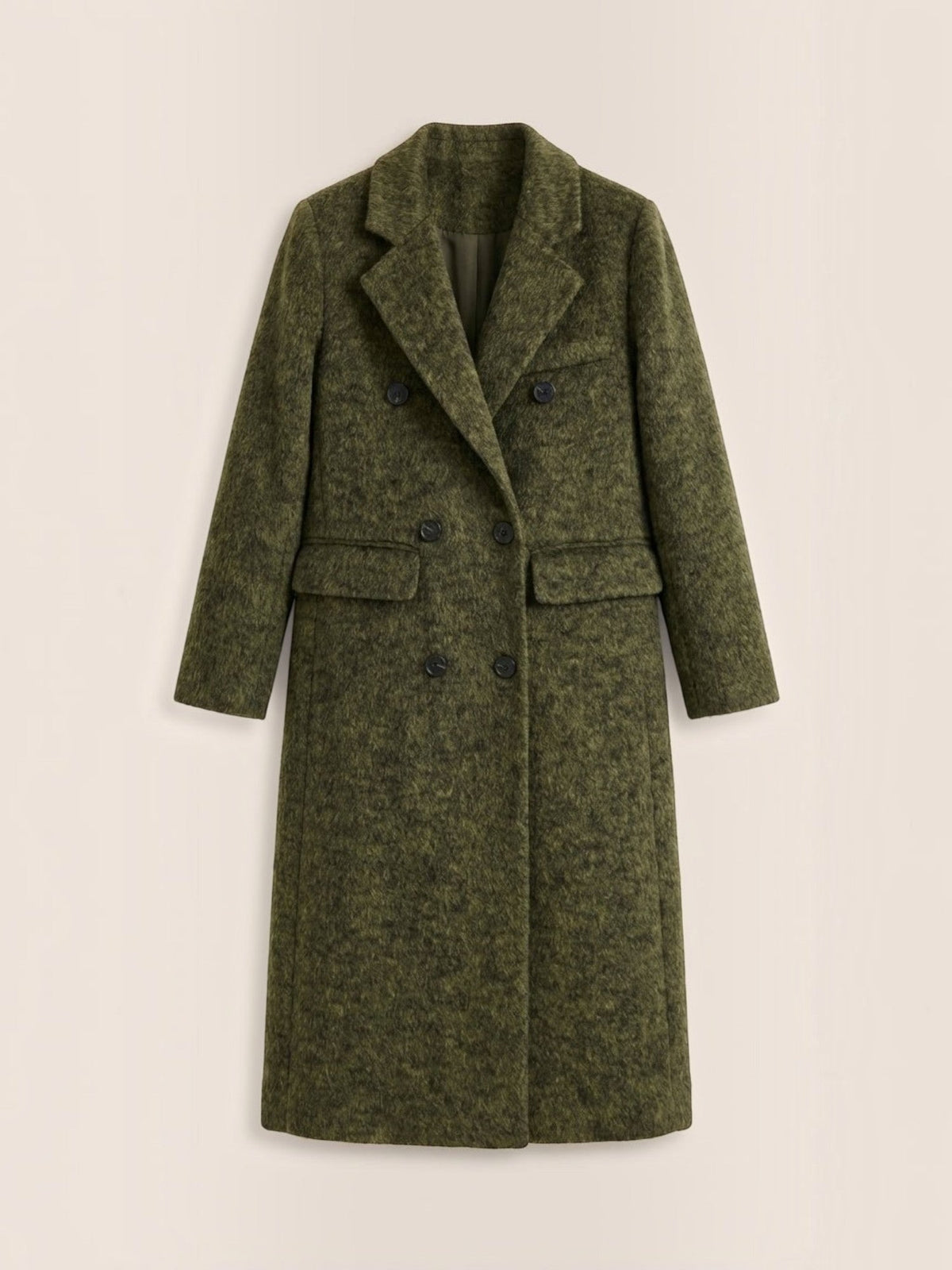 Women's long double-breasted coat with notched lapels and flap pockets