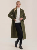Women's long double-breasted coat with notched lapels and flap pockets