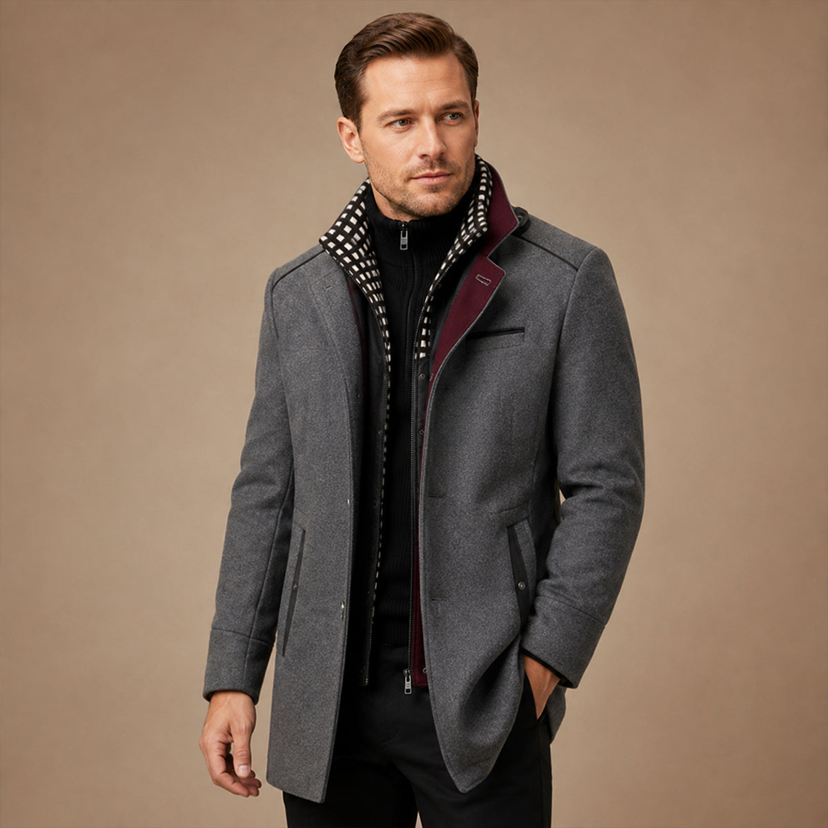 Men's structured stand collar overcoat with long sleeves, button front and multiple pockets