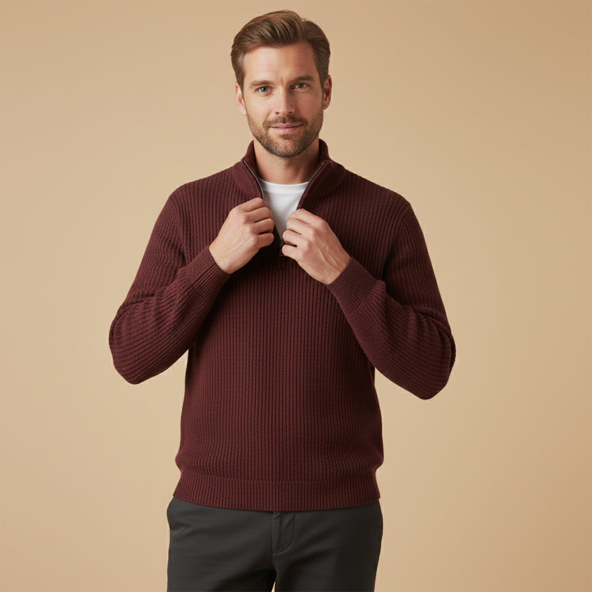 Men's ribbed mock neck half-zip sweater with long sleeves