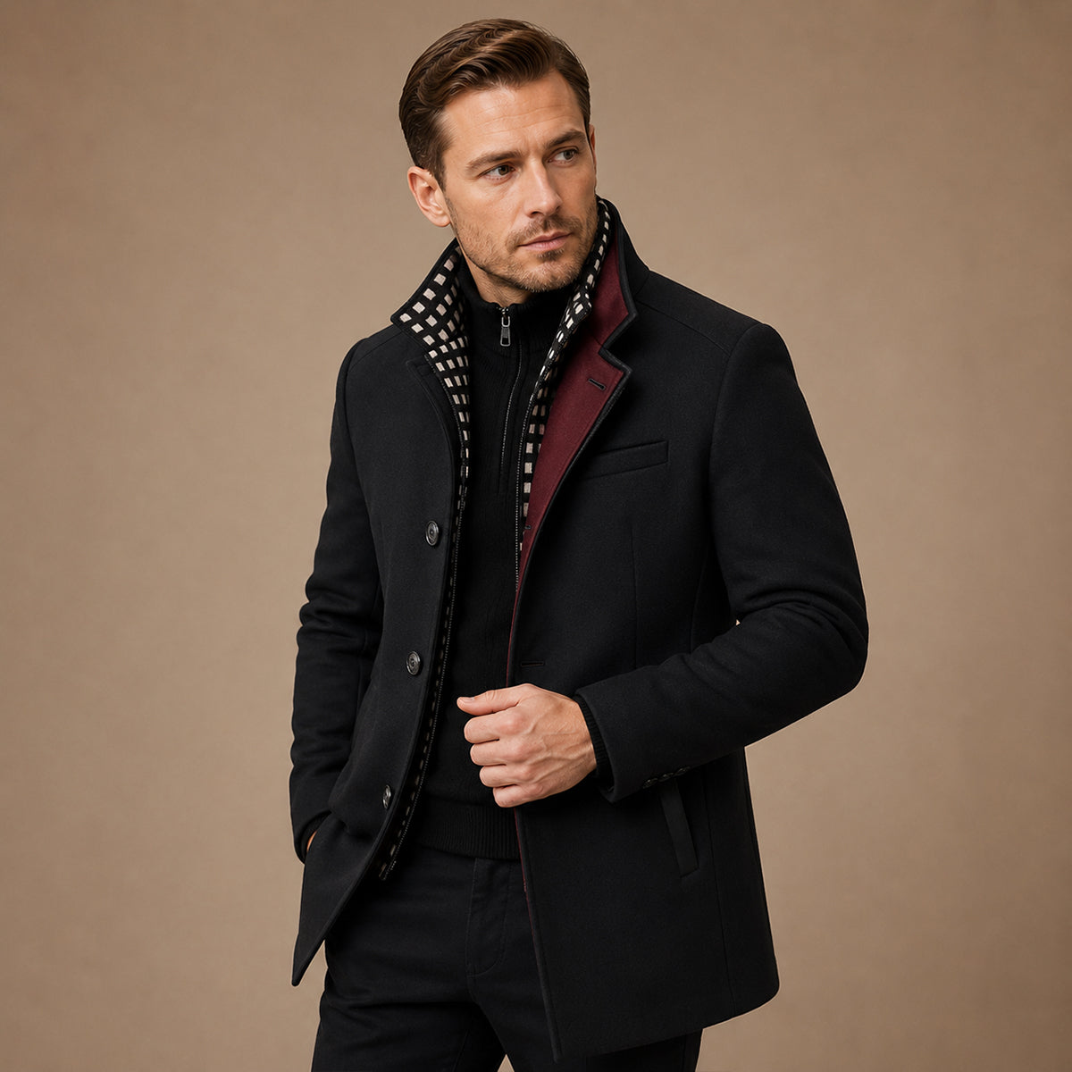 Men's structured stand collar overcoat with long sleeves, button front and multiple pockets