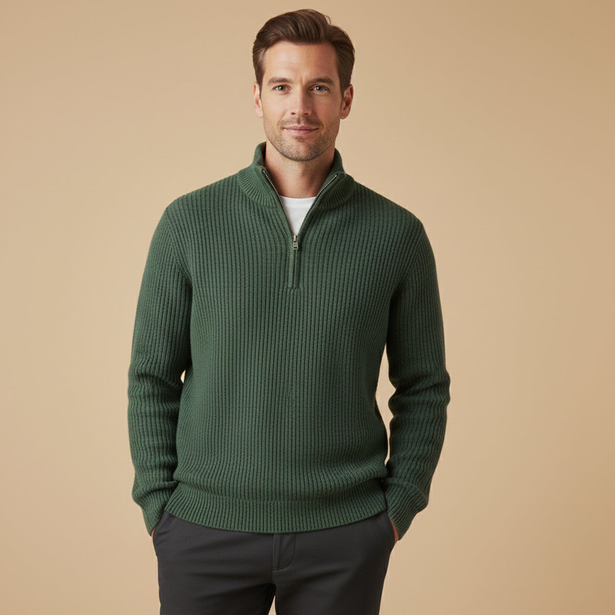 Men's ribbed mock neck half-zip sweater with long sleeves