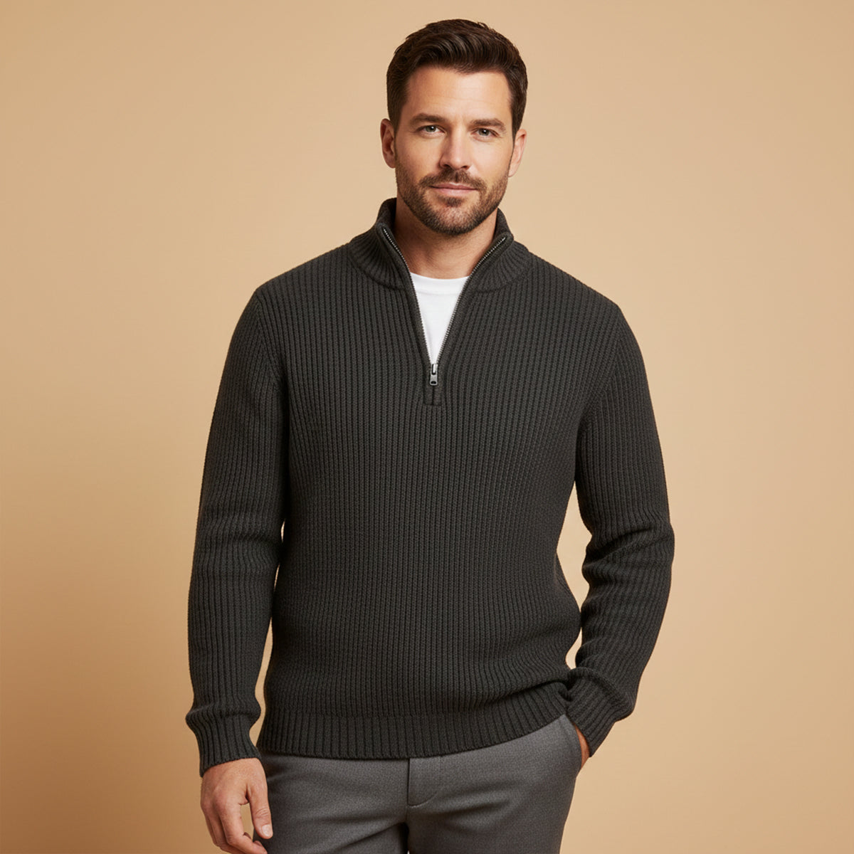 Men's ribbed mock neck half-zip sweater with long sleeves