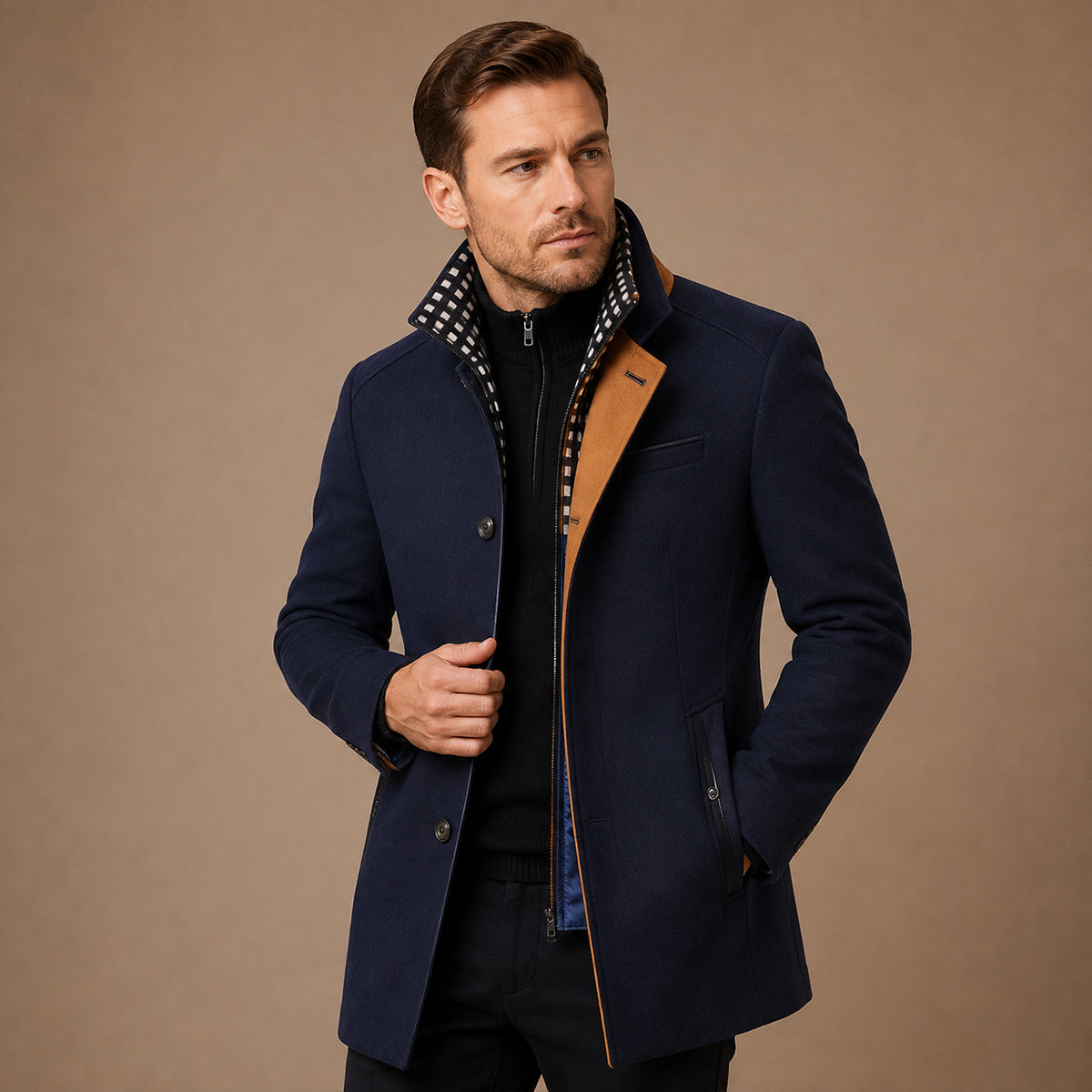 Men's structured stand collar overcoat with long sleeves, button front and multiple pockets
