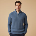 Men's ribbed mock neck half-zip sweater with long sleeves