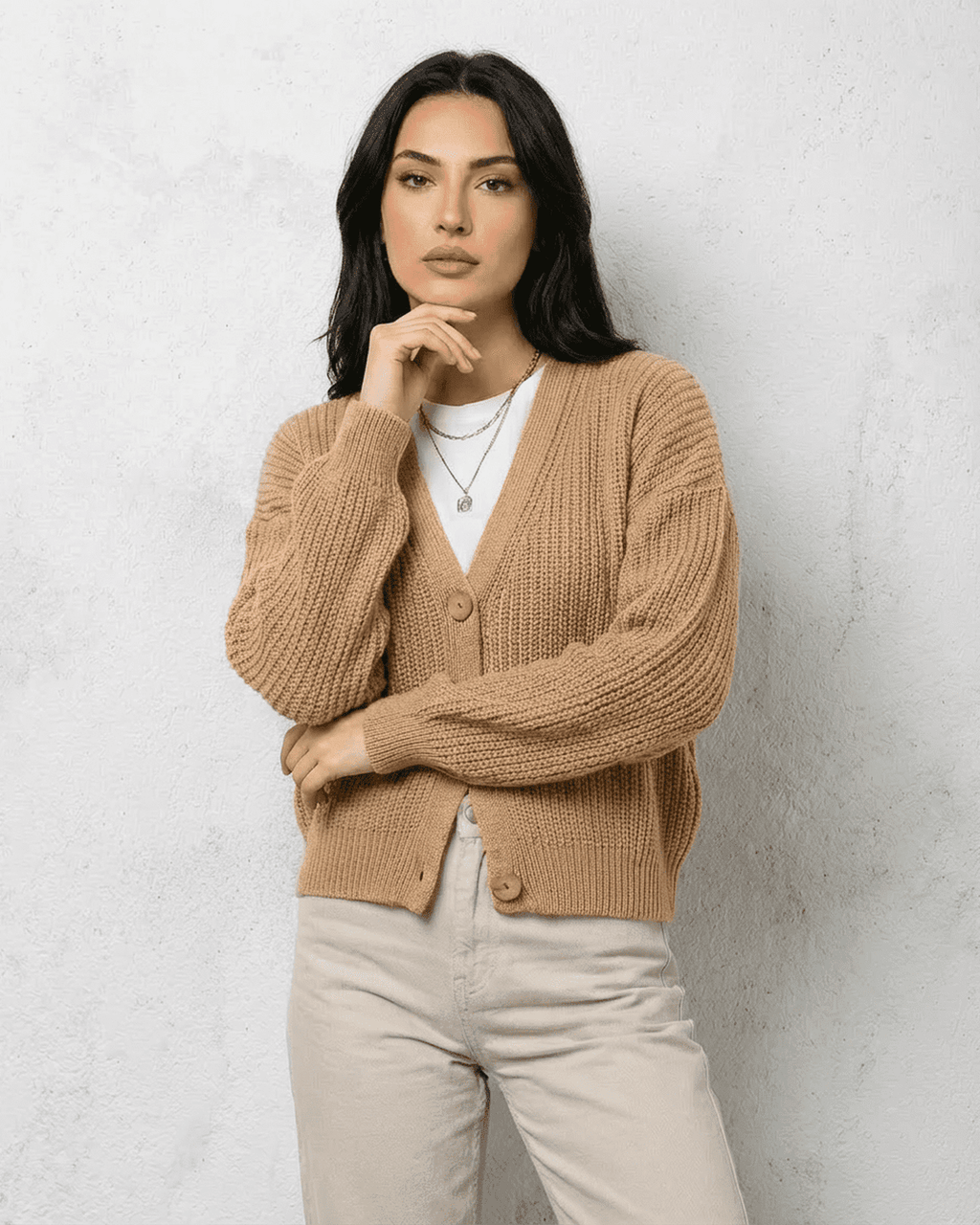 Women's beige ribbed V-neck cardigan with long sleeves and button fastening