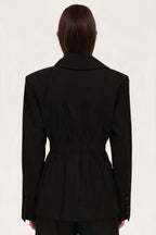 Women's black sculpted blazer with notched lapels and long sleeves