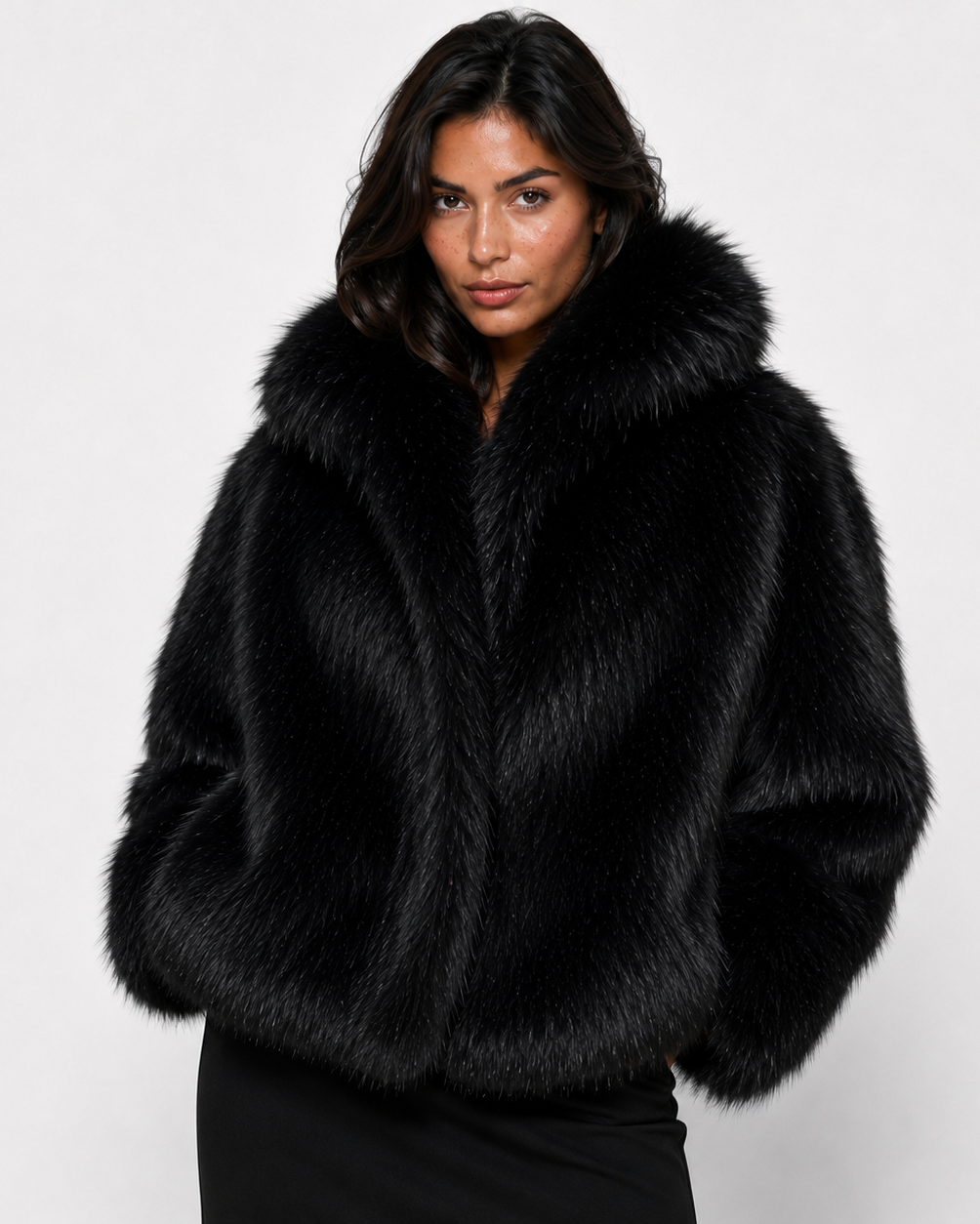 Woman wearing a black long-haired fur coat with a wide collar