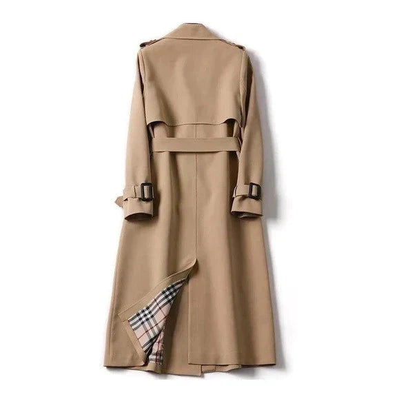 Women's long double-breasted belted trench coat with lapels and cuff buckles