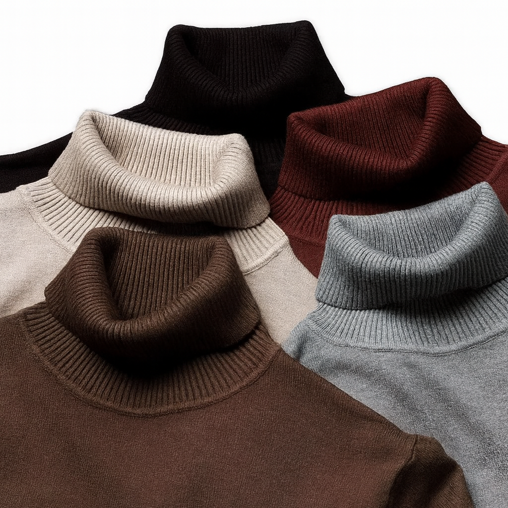 Men's plain turtleneck sweater with long sleeves and ribbed trims