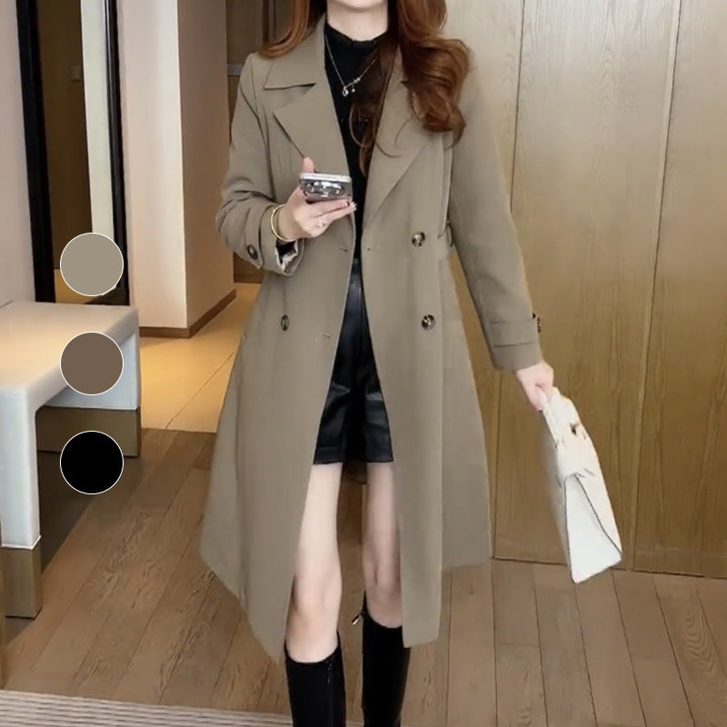 Women's long double-breasted trench coat with lapel collar and long sleeves