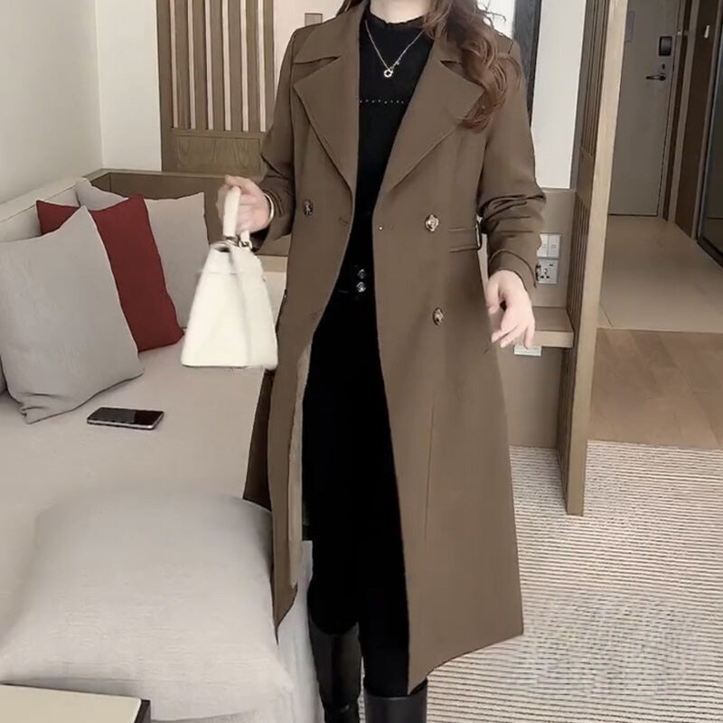 Women's long double-breasted trench coat with lapel collar and long sleeves
