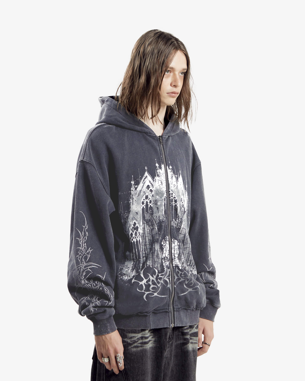 Black zip hoodie with hood and large monochrome cathedral graphic