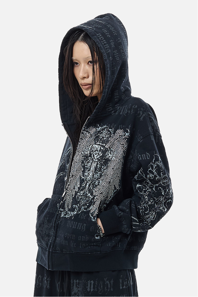 Men's black zip hoodie with hood and gothic text and graphic print