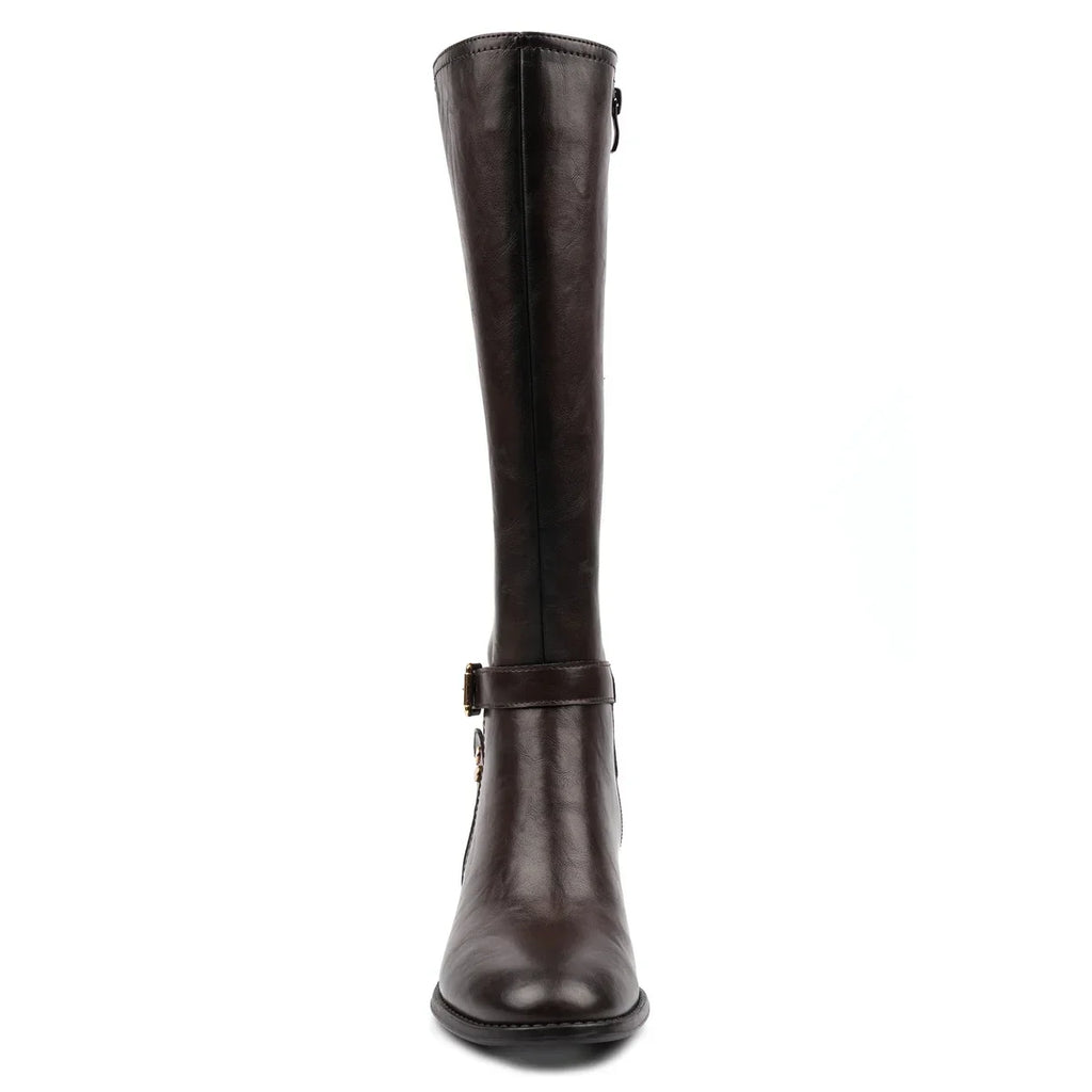 Women's dark brown knee-high boots with buckle strap and block heel