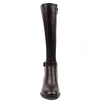 Women's dark brown knee-high boots with buckle strap and block heel