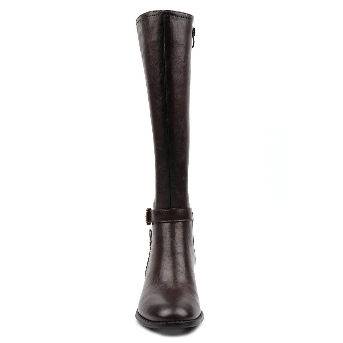 Women's dark brown knee-high boots with buckle strap and block heel
