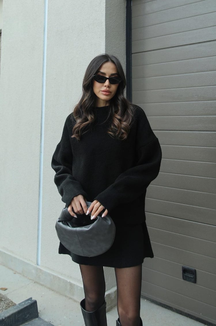 Women's knitted jumper and mini skirt set with long sleeves and crew neckline