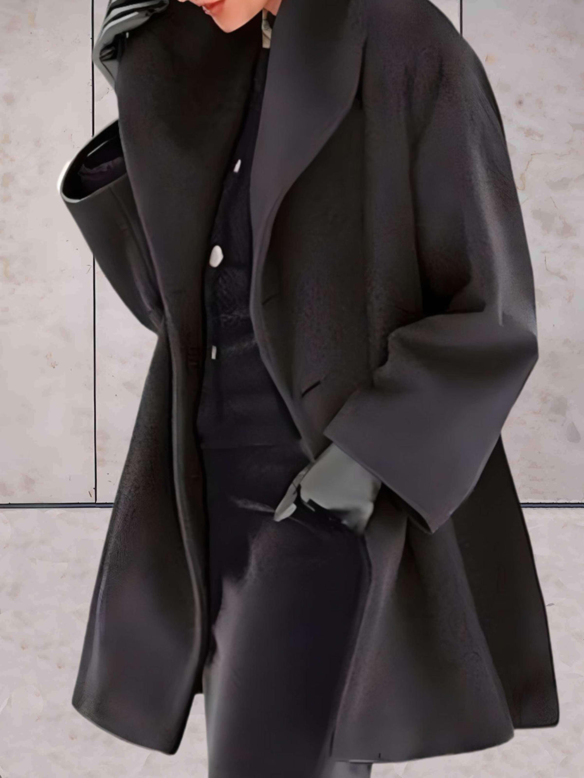 Women's open front winter coat with wide lapels and flared cuffs