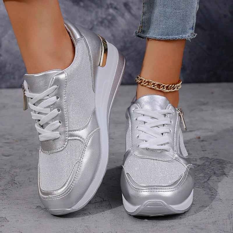 Women's metallic platform trainers with white laces and side zip
