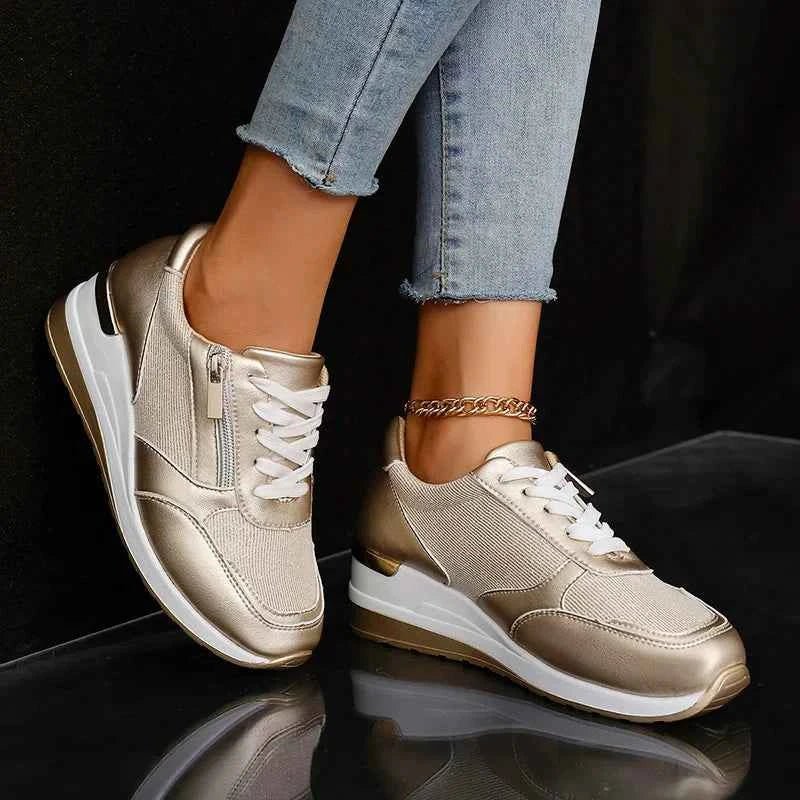Women's metallic platform trainers with white laces and side zip
