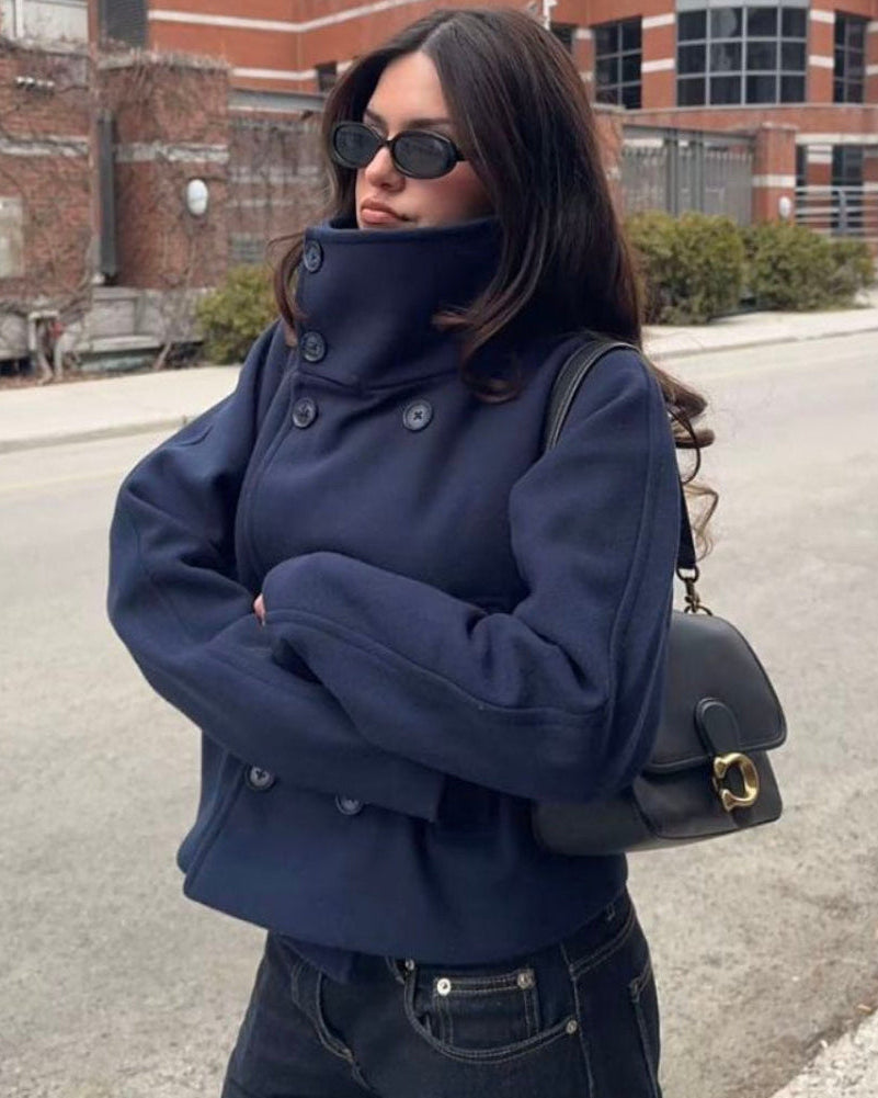 Women's double-breasted stand collar jacket with long sleeves and hip-length cut