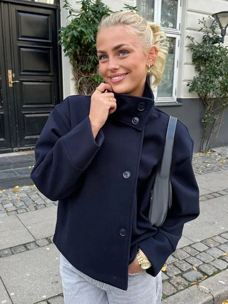 Women's stand collar button jacket with long sleeves and hip-length cut