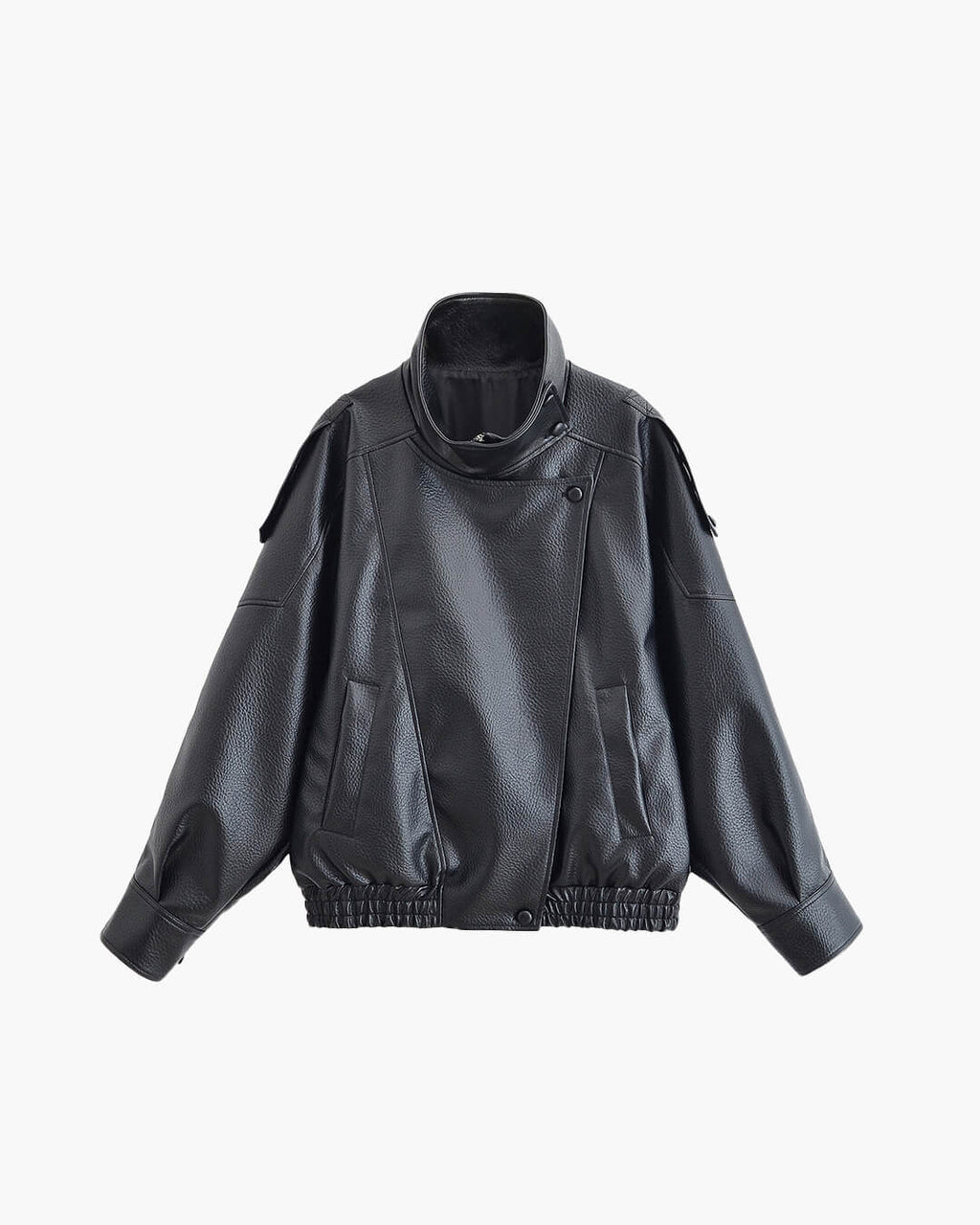 Women's asymmetrical textured jacket with high collar and snap fastening