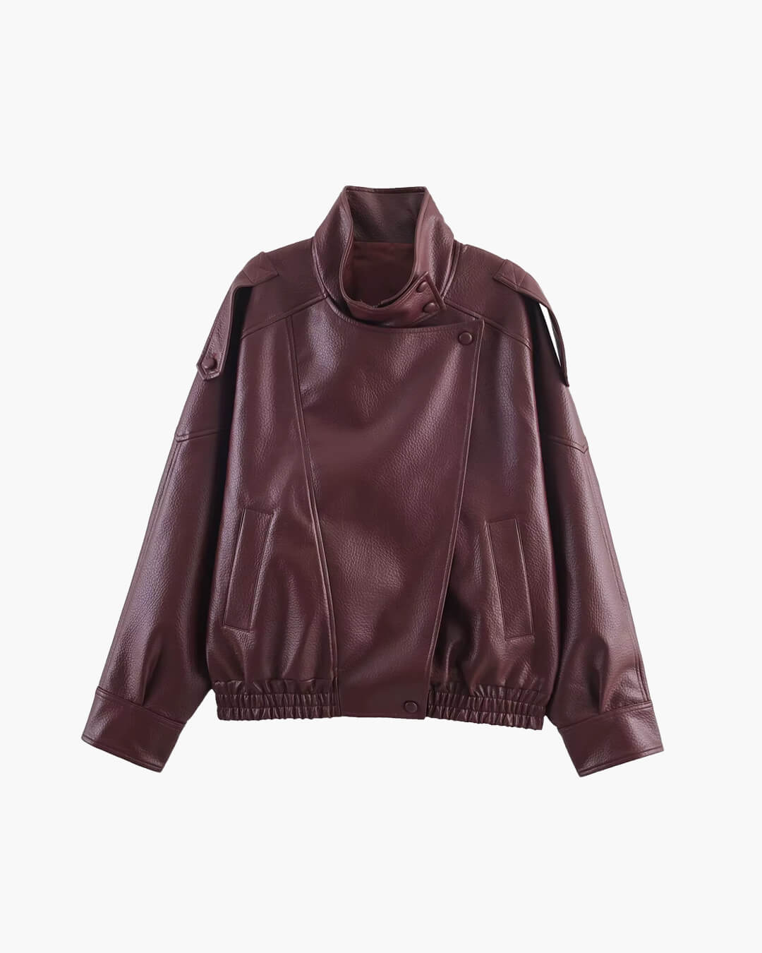 Women's asymmetrical jacket with high collar, long sleeves and diagonal front fastening