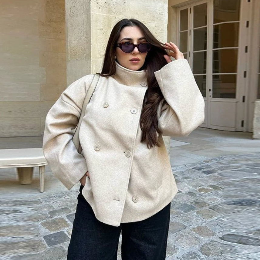 Women's double-breasted stand collar jacket with long sleeves and hip-length cut