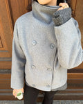 Women's double-breasted stand collar jacket with long sleeves and hip-length cut