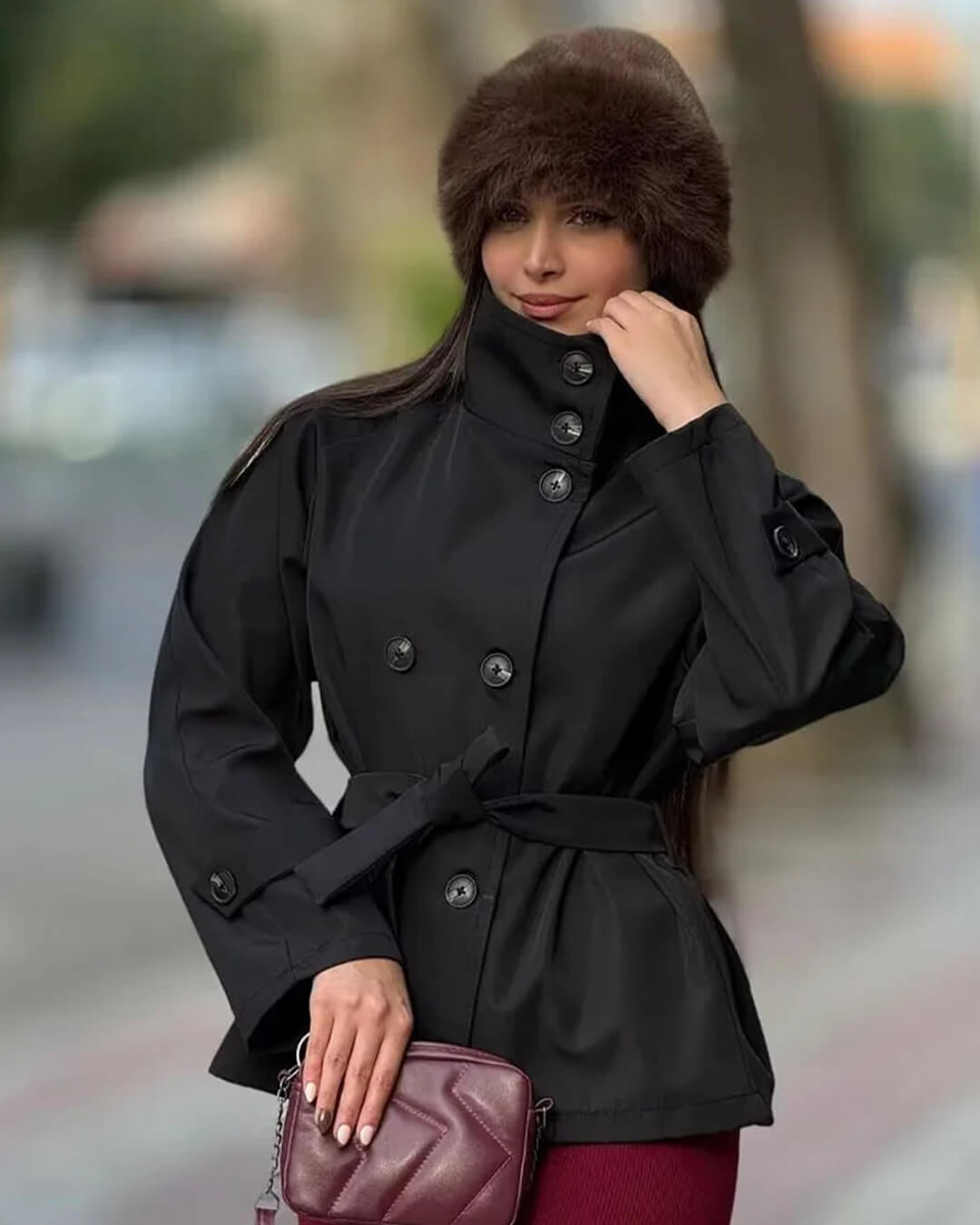 Women's cropped trench jacket with stand collar, button front and tie belt