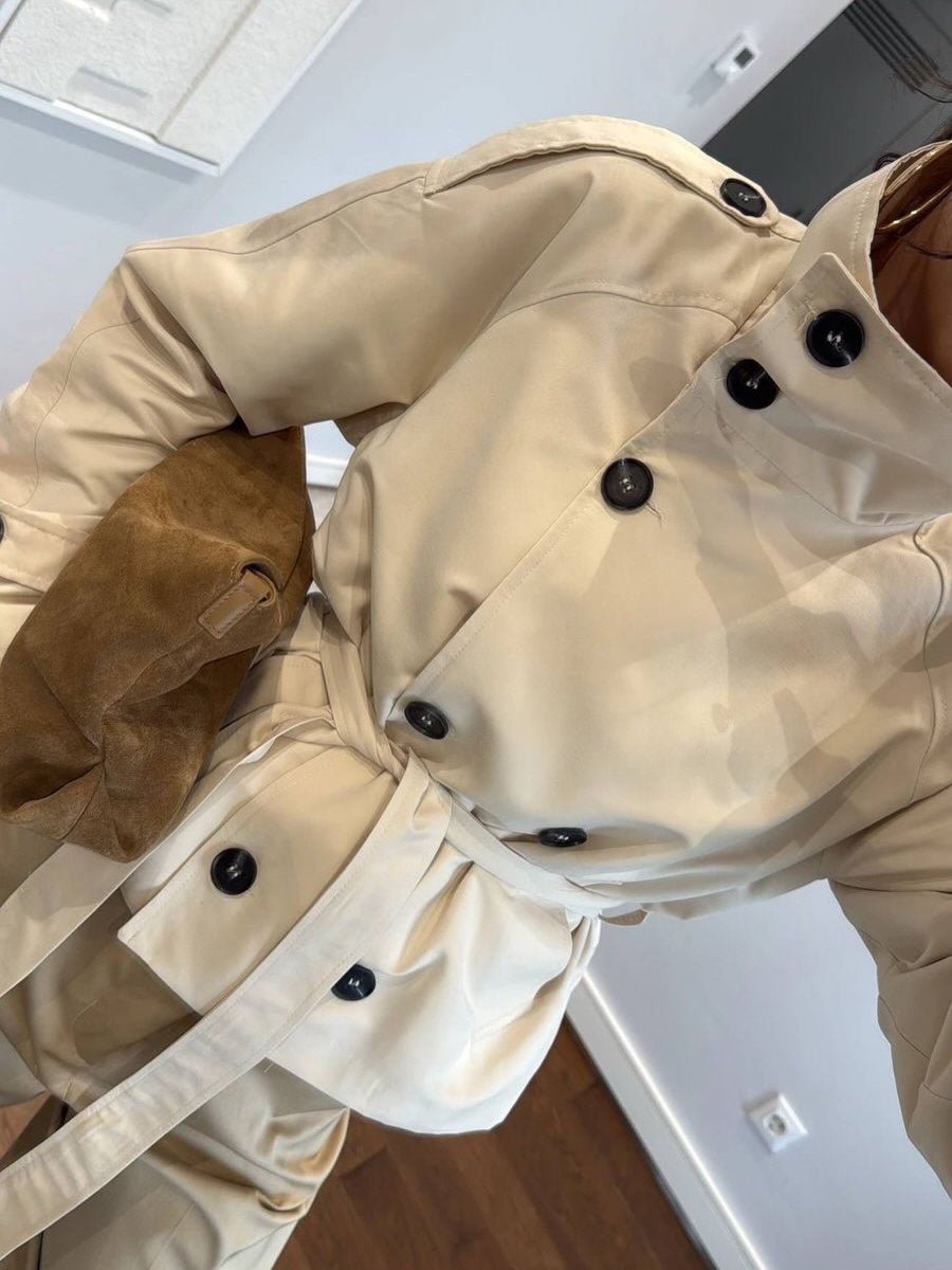 Women's cropped trench jacket with stand collar, button front and tie belt