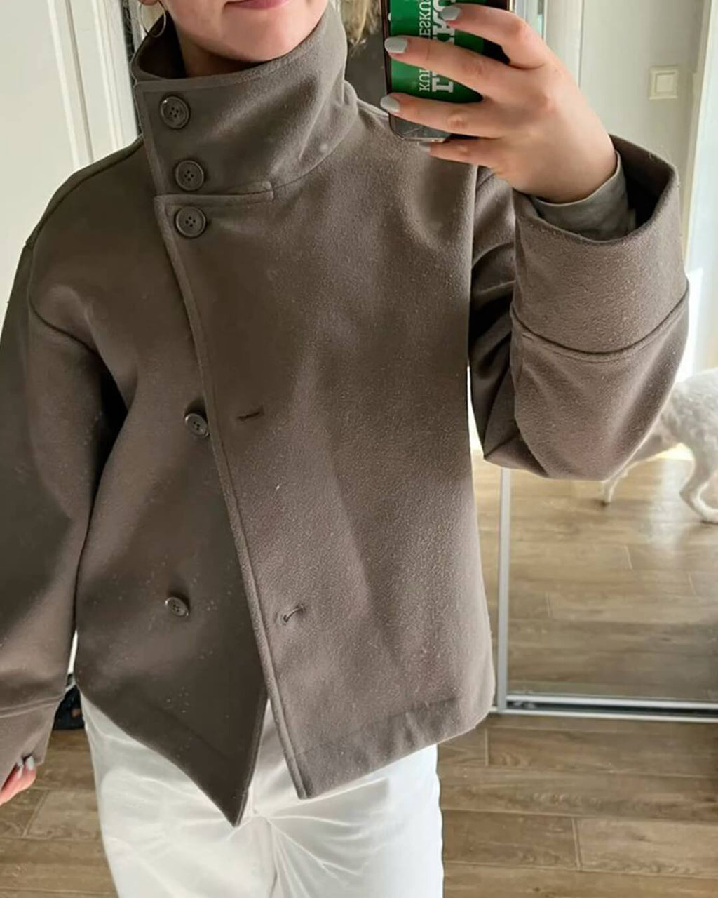 Women's stand collar button jacket with long sleeves and hip-length cut