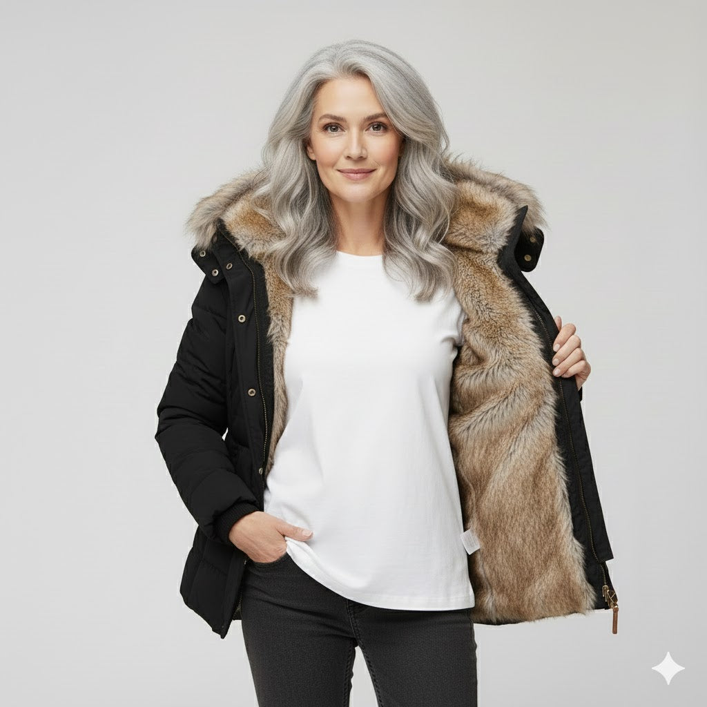 Women's quilted hooded jacket with fur-trimmed hood and zipped pockets