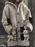 Women's hooded cardigan with cat print panels and button front