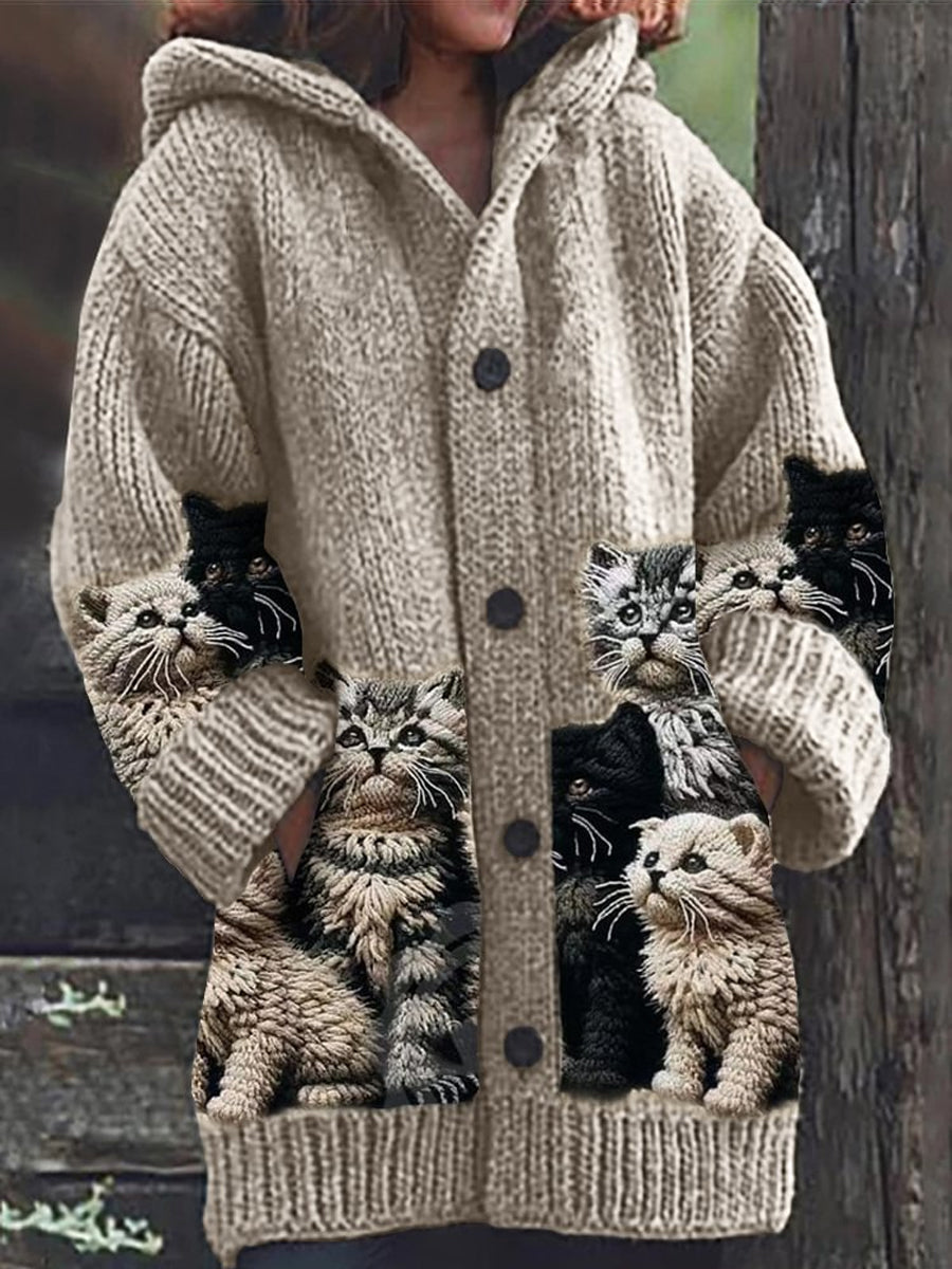 Women's hooded cardigan with cat print panels and button front