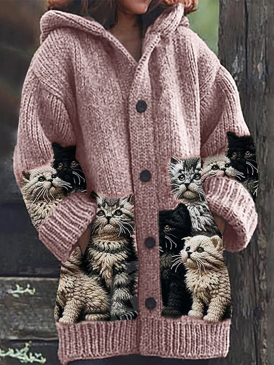 Women's hooded cardigan with cat print panels and button front