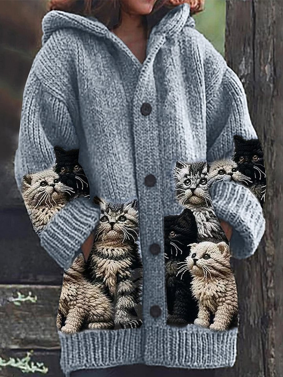 Women's hooded cardigan with cat print panels and button front
