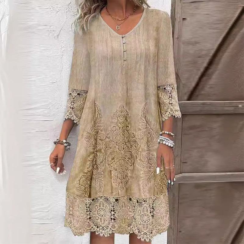 Women's embroidered midi dress with V-neck, button front, lace sleeves and scalloped hem