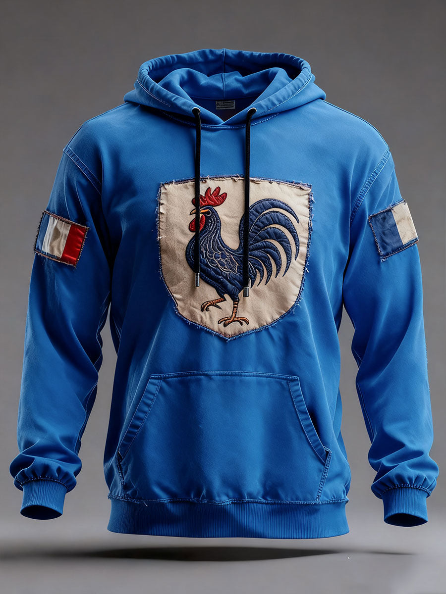 Men's oversized hooded sweatshirt with rooster chest patch and sleeve patches